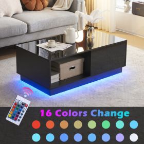 Modern LED Coffee Table with 2 Drawers and 16 Colors LED Lights, High Glossy Rectangle Coffee End Table for Living Room, Black