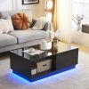 Modern LED Coffee Table with 2 Drawers and 16 Colors LED Lights, High Glossy Rectangle Coffee End Table for Living Room, Black