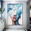 Hand Painted Oil Painting Abstract Portrait Wall Art Hand painted-Nordic Light Blue Girl Oil Paintings On Canvas-Hand Made-For Home Decoration